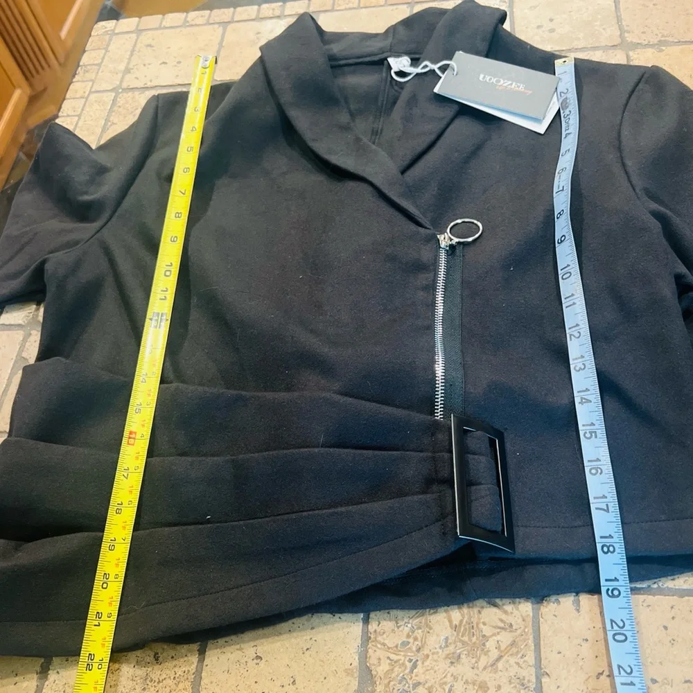 Uoozee. Black Asymmetrical Zip Moto Blazer Jacket Belted NWT. Sz XL - Picture 10 of 13